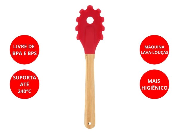 Encontraproduto.com.br - Garfo Para Massas De Silicone Mor Com Cabo De Bamboo Vermelho Resistente Ao Calor