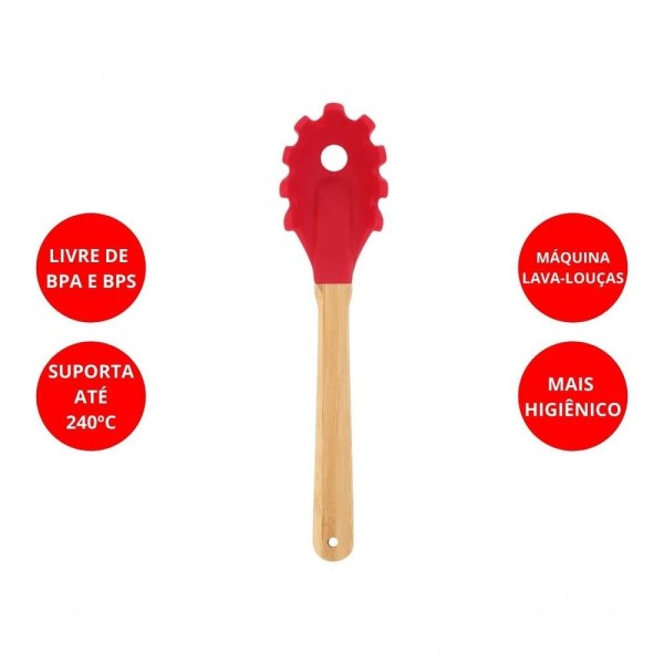 Encontraproduto.com.br - Garfo Para Massas De Silicone Mor Com Cabo De Bamboo Vermelho Resistente Ao Calor