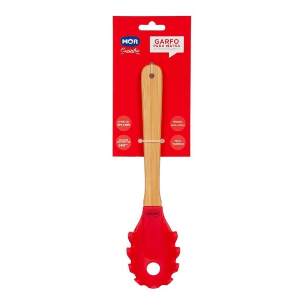 Encontraproduto.com.br - Garfo Para Massas De Silicone Mor Com Cabo De Bamboo Vermelho Resistente Ao Calor