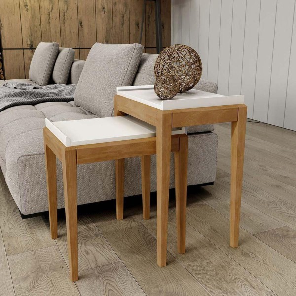 Encontraproduto.com.br - Kit 2 Mesas De Apoio Linha Milão Off White/Freijó Em Madeira Pinus Com Mdf - Finestra