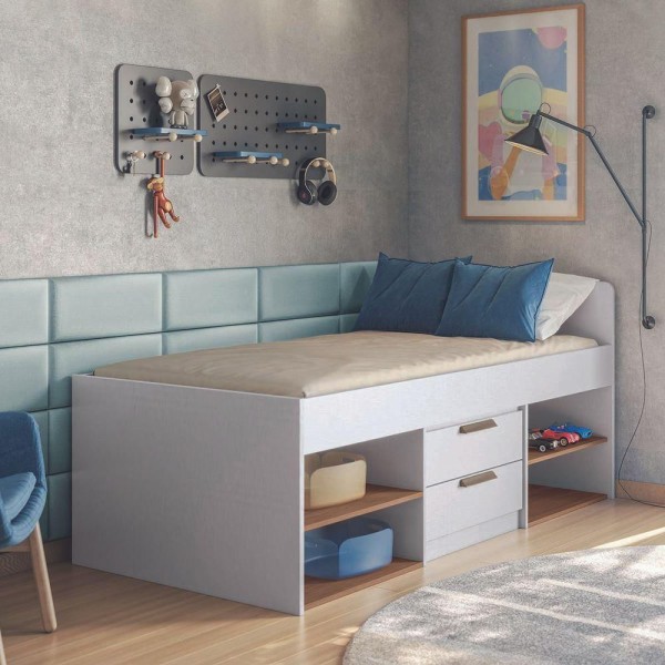 Encontraproduto.com.br - Conjunto Quarto Branco/jatobá Guarda-roupa 4 Portas Cama C/ 2 Gavetas Mesa Cabeceira Santos Andirá