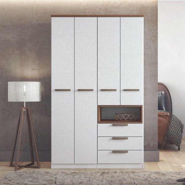 Encontraproduto.com.br - Conjunto Quarto Branco/jatobá Guarda-roupa 4 Portas Cama C/ 2 Gavetas Mesa Cabeceira Santos Andirá