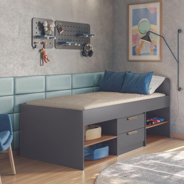 Encontraproduto.com.br - Conjunto Quarto Grafite/jatobá Guarda-roupa 4 Portas Cama C/ 2 Gavetas Mesa Cabeceira Santos Andirá