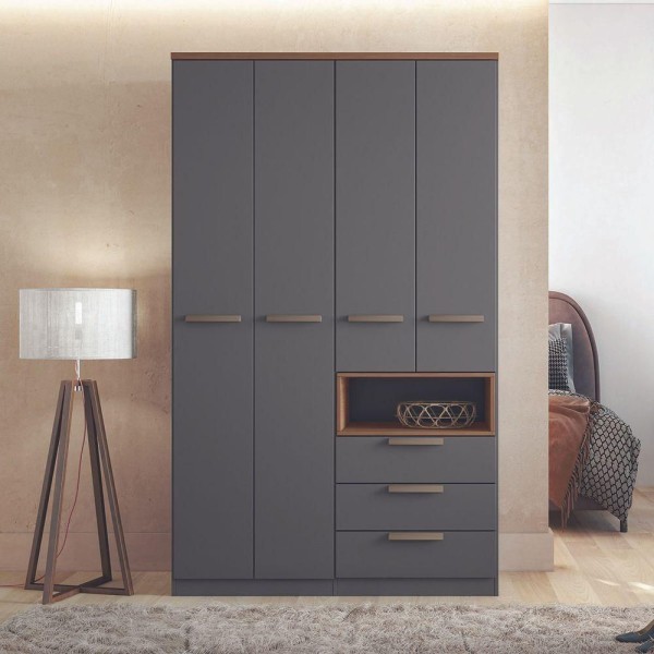 Encontraproduto.com.br - Conjunto Quarto Grafite/jatobá Guarda-roupa 4 Portas Cama C/ 2 Gavetas Mesa Cabeceira Santos Andirá