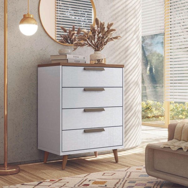 Encontraproduto.com.br - Conjunto Quarto Conect Branco/jatobá Guarda-roupa 4 Portas Cômoda 4 Gavetas Cama C/ 2 Gavetas