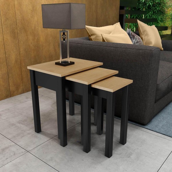 Encontraproduto.com.br - Conjunto Sala Madri: Mesa De Centro, Aparador E 3 Mesas De Apoio Roble/Preto Madeira Pinus
