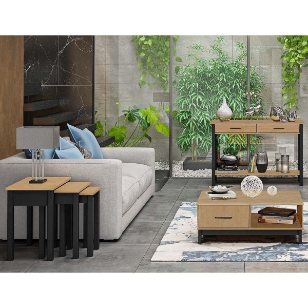 Encontraproduto.com.br - Conjunto Sala Madri: Mesa De Centro, Aparador E 3 Mesas De Apoio Roble/Preto Madeira Pinus