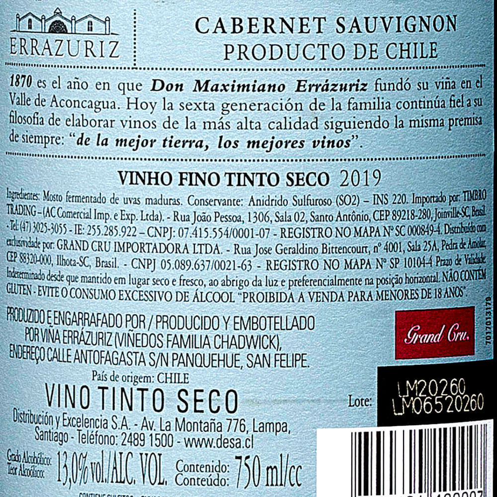 Encontraproduto.com.br - Vinho Tinto Chilenos Cabernet Sauvignon Reserva Errazuriz Garrafa 750ml