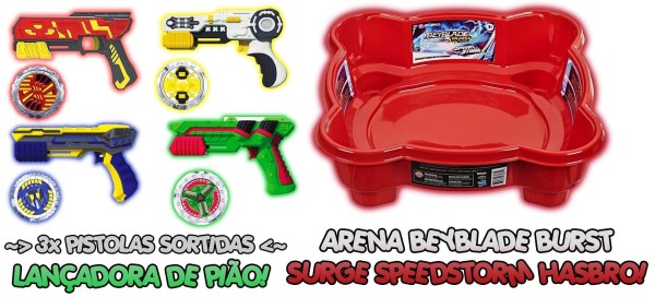 Encontraproduto.com.br - Kit 3 Lançador de Pião 3 Pião Combate + Arena Beyblade Hasbro