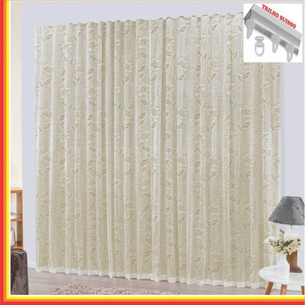 Encontraproduto.com.br - Cortina Charme em Renda com Voal 3,00 x 2,50 Para Trilho Suisso - Palha
