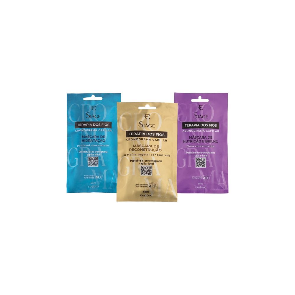 Encontraproduto.com.br - Eudora Kit Cronograma Capilar Siàge Terapia dos Fios Máscara Capilar: Reconstrução 60ml + Hidratação 60ml + Nutrição 60ml
