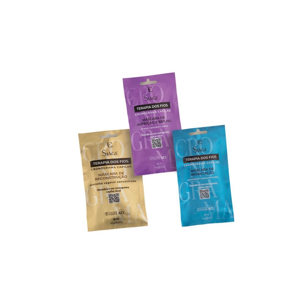 Encontraproduto.com.br - Eudora Kit Cronograma Capilar Siàge Terapia dos Fios Máscara Capilar: Reconstrução 60ml + Hidratação 60ml + Nutrição 60ml