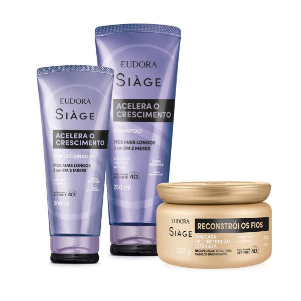 Encontraproduto.com.br - Combo Siàge Crescimento e Reconstrução: Shampoo 250ml + Condicionador 200ml + Máscara Capilar 250g