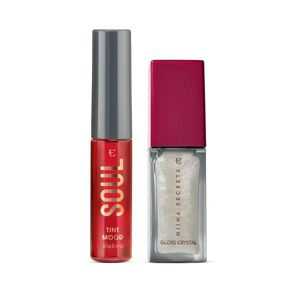 Combo Batons Strawberry Lips: Vermelho Happy SOUL Tint Mood 5,5ml+ Gloss Crystal Holográfico Moon Stone Niina Secrets 7ml