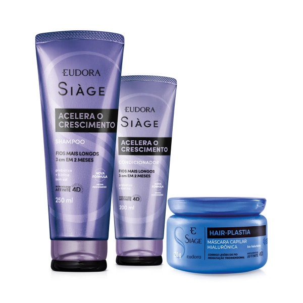 Combo Eudora Siàge Shampoo Acelera o Crescimento 250ml Máscara Hair-Plastia 250g Condicionador Acelera o Crescimento 200ml