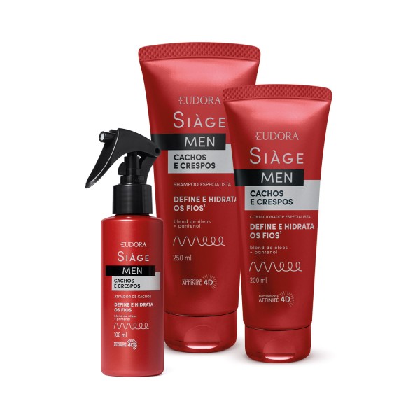 Encontraproduto.com.br - Combo Siàge Men: Condicionador Cachos e Crespos 200ml + Shampoo Cachos e Crespos 250ml + Spray Ativador Cashos 100ml