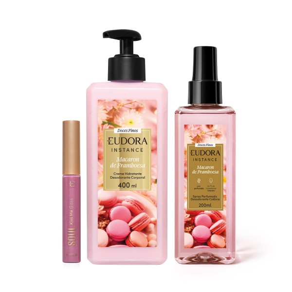 Encontraproduto.com.br - Combo Macaron de Framboesa: Spray Perfumado 200ml + Creme Hidratante 400ml + Gloss 5,2ml