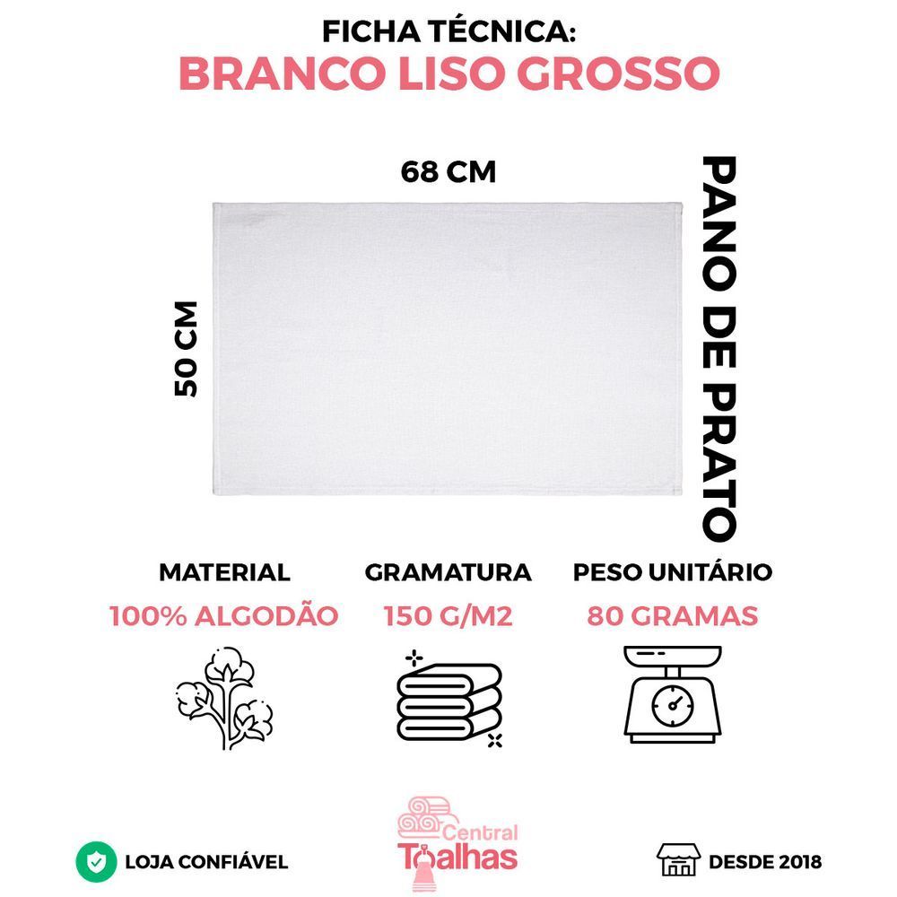 Encontraproduto.com.br - Kit Com 15 Panos De Prato Branco Liso Grosso 50x68cm