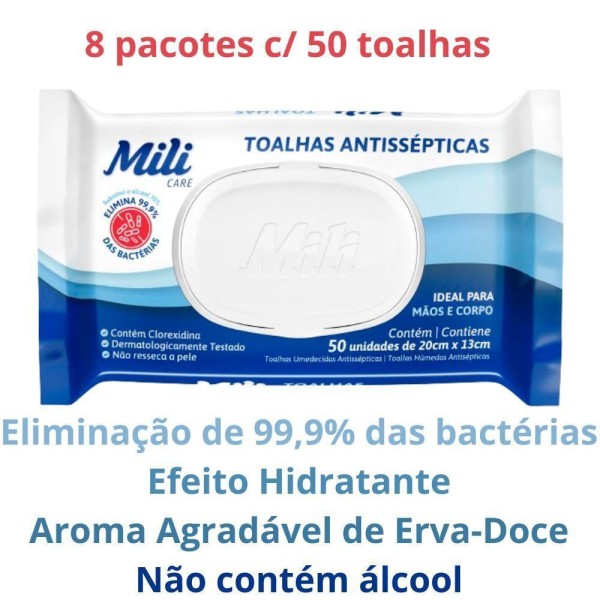 Encontraproduto.com.br - Toalhas Antissépticas Mili 8 Pacotes C- 50 (total: 400 Toalhas) - Sem álcool