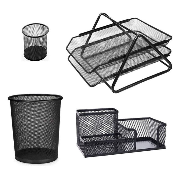 Encontraproduto.com.br - Kit Escritorio 4 Itens Porta Caneta Bandeja Lixeira