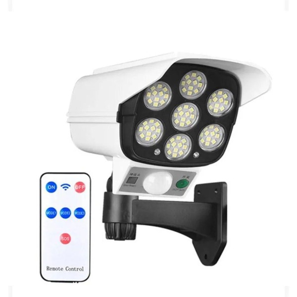 Encontraproduto.com.br - Luminaria Solar Camera Falsa Sensor Movimento Controle Kit 2