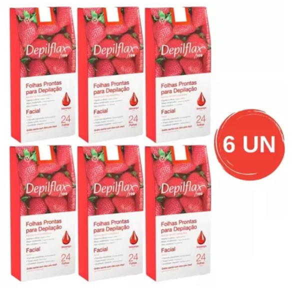 Encontraproduto.com.br - Kit C/ 6 Caixas De Folhas Para Depilação Facial Morango Depilflax C/24 Unid Cada