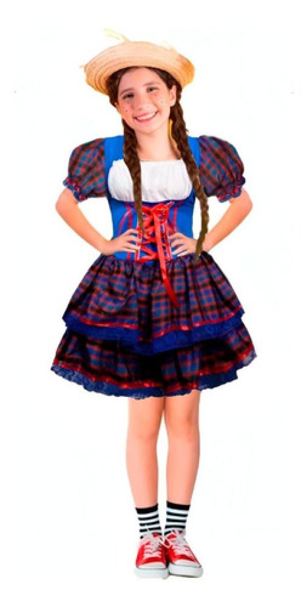 Vestido Festa Junina Infantil Xadrez de Luxo  - P 5 - 6