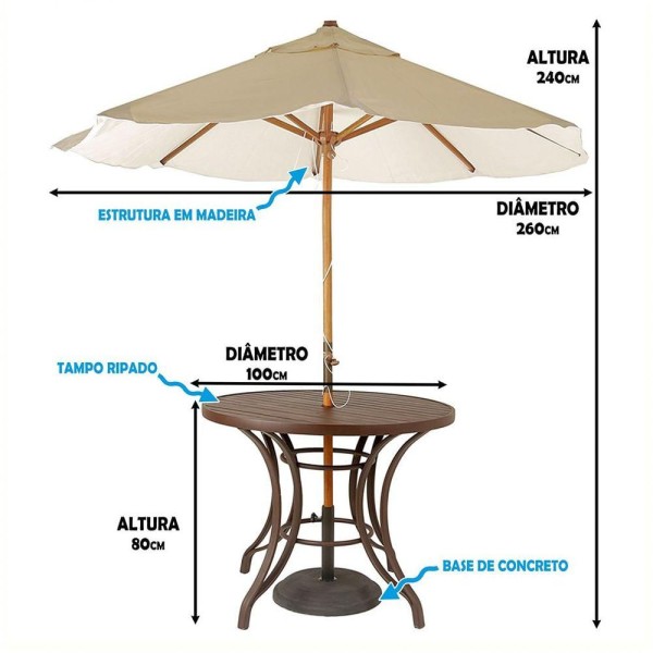 Encontraproduto.com.br - Combo 4 Cadeiras Fibra Tabaco, Mesa Tampo Marrom e Ombrelone Bege
