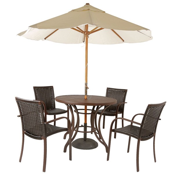 Encontraproduto.com.br - Combo 4 Cadeiras Fibra Tabaco, Mesa Tampo Marrom e Ombrelone Bege