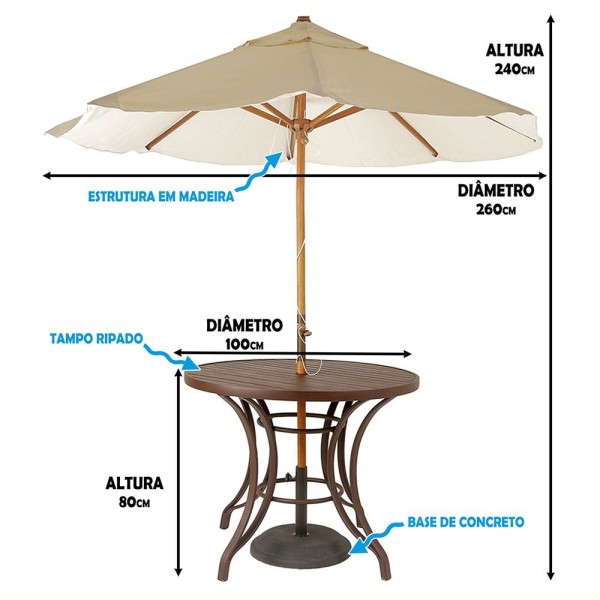 Encontraproduto.com.br - Kit 4 Cadeiras Fibra e Mesa Tampo Marrom Com Ombrelone Bege