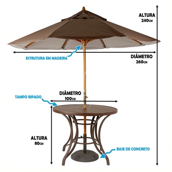 Encontraproduto.com.br - Kit 4 Cadeiras Fibra Com Mesa Tampo e Ombrelone Marrom