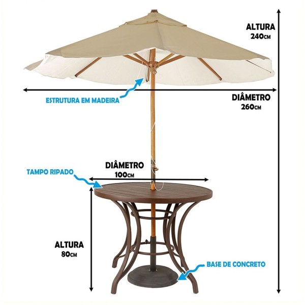 Encontraproduto.com.br - Combo 4 Cadeiras Fibra Argila e Mesa Tampo Marrom e Ombrelone Bege