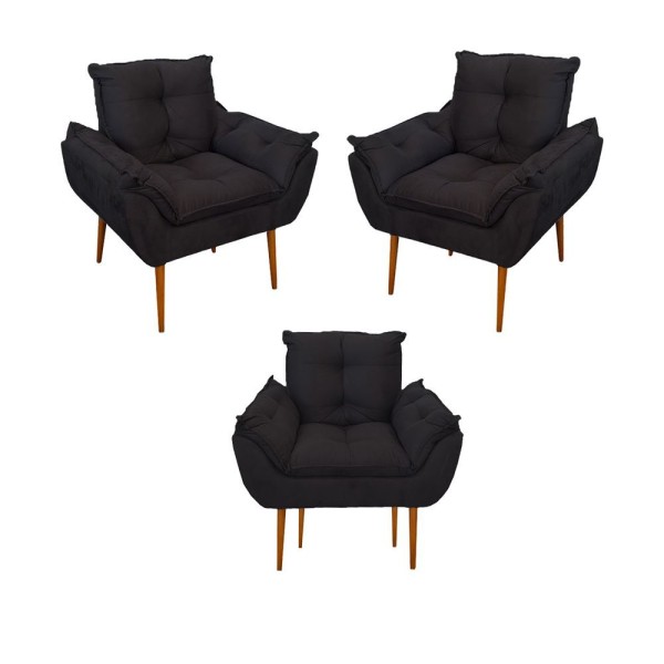 Kit 03 Poltronas Opala Confortável Sala, Quarto Cor:preto