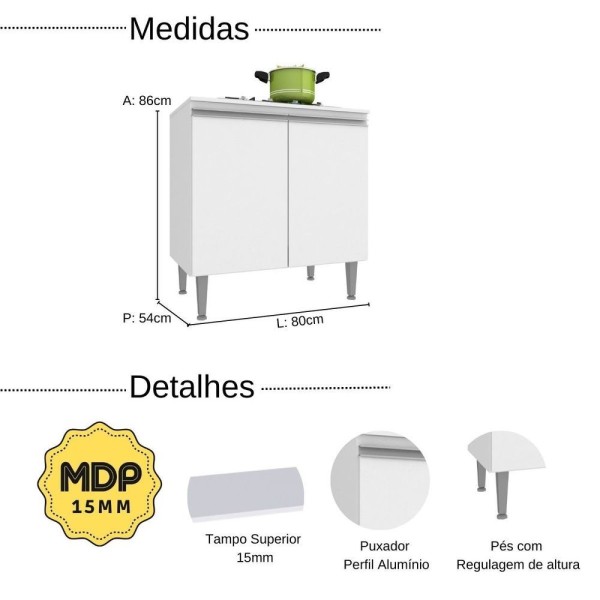 Encontraproduto.com.br - Balcão Para Fogão Cooktop Com Tampo 80Cm Athena 2 Portas Branco