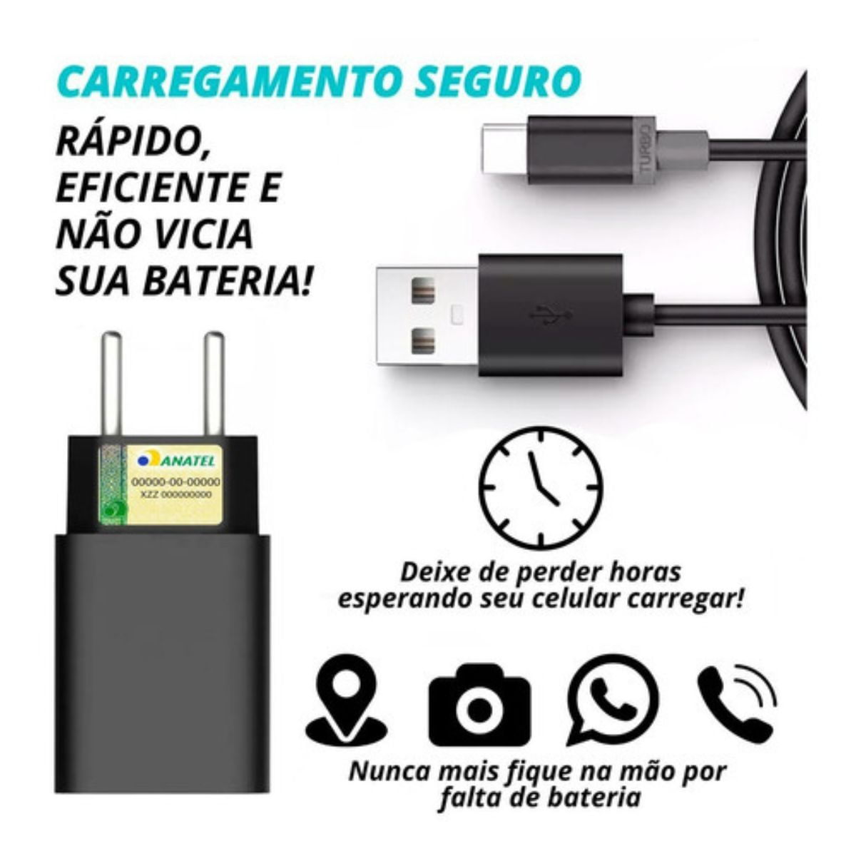 Encontraproduto.com.br - Carregador Celular Preto Compatível Com Moto G24