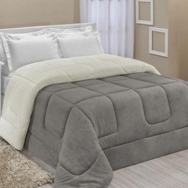Encontraproduto.com.br - Edredom Coberdrom Fenix Queen Sherpa E Manta - Cinza