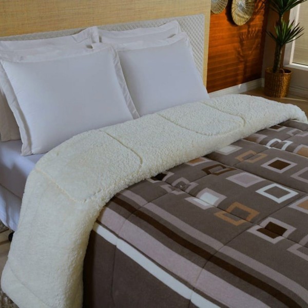 Encontraproduto.com.br - Edredom Coberdrom Sonobom Queen Sherpa e Manta - Geométrico Marrom
