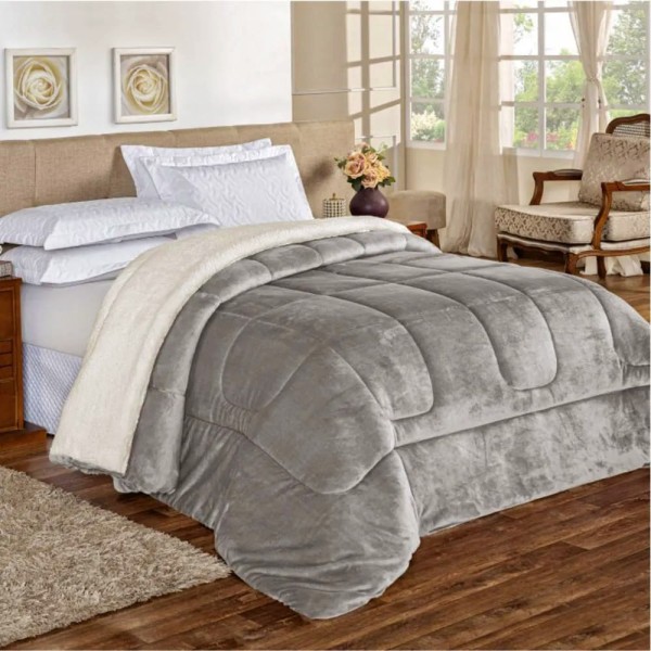 Encontraproduto.com.br - Edredom Insinuante De Casal Dupla Face Sherpa Cinza Macio