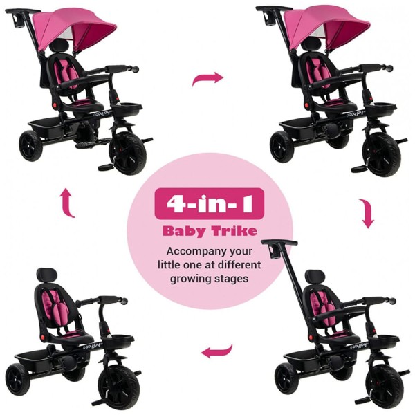 Encontraproduto.com.br - BABY JOY Triciclo Infantil para Passeio com Assento Ajustavel 4 Estagios Idade Recomendada 6 Meses a 5 Anos Rosa