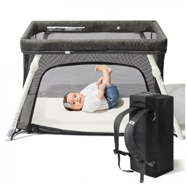 Encontraproduto.com.br - Cercadinho para Bebê com Design de Mochila Leve, Colchão Confortável e Compacto, Guava Family, Cinza, Preto e Branco