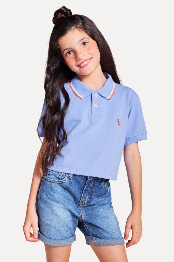 Encontraproduto.com.br - Polo Menina Cropped 3 Frisos