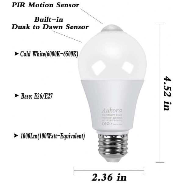 Encontraproduto.com.br - Lâmpada LED Sensor de Movimento 1000LM, 12W Frio 6000K, 2 Un, Bivolt, AUKORA, Branco