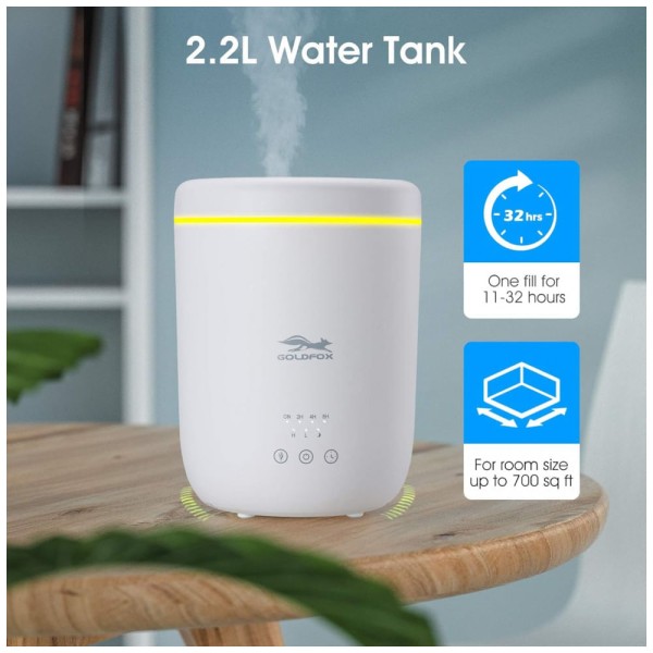 Encontraproduto.com.br - Umidificador Ultrassônico Portátil 2.2L até 11H, Área até 65 m2, 110v, GOLDFOX, Branco