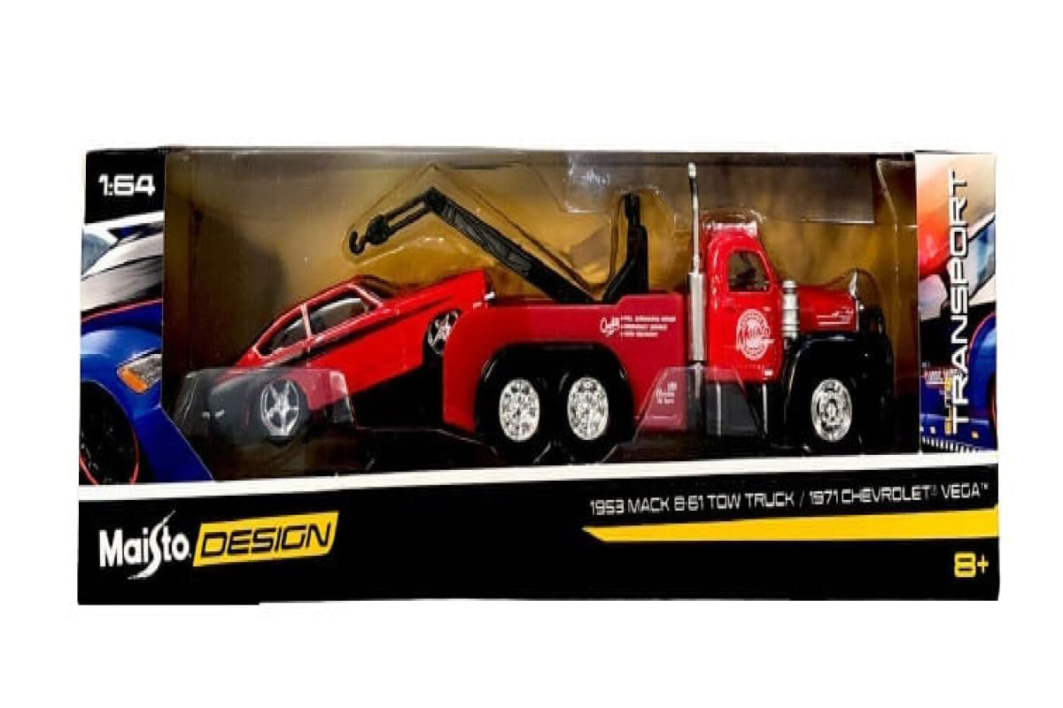 Encontraproduto.com.br - Miniatura Picape Reboque C/ Carro 1/64 Desing Elite Transport 1953 Mack B-61/ 1971 Chevrolet Vega Vm Maisto 15055