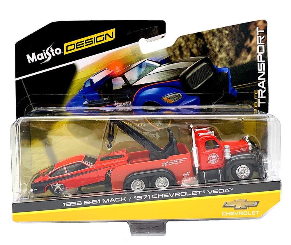 Encontraproduto.com.br - Miniatura Picape Reboque C/ Carro 1/64 Desing Elite Transport 1953 Mack B-61/ 1971 Chevrolet Vega Vm Maisto 15055