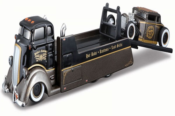 Encontraproduto.com.br - Miniatura Picape Reboque C/ Carro 1/64 Desing Elite Transport Coe Flatbad / 1929 Ford Model-A Maisto 15055