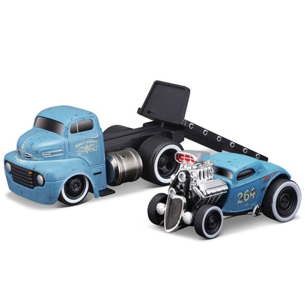 Encontraproduto.com.br - Miniatura Reboque Ford Coe Flatbed Com Ford 3W Coupe 1/64 Azul Maisto 11532