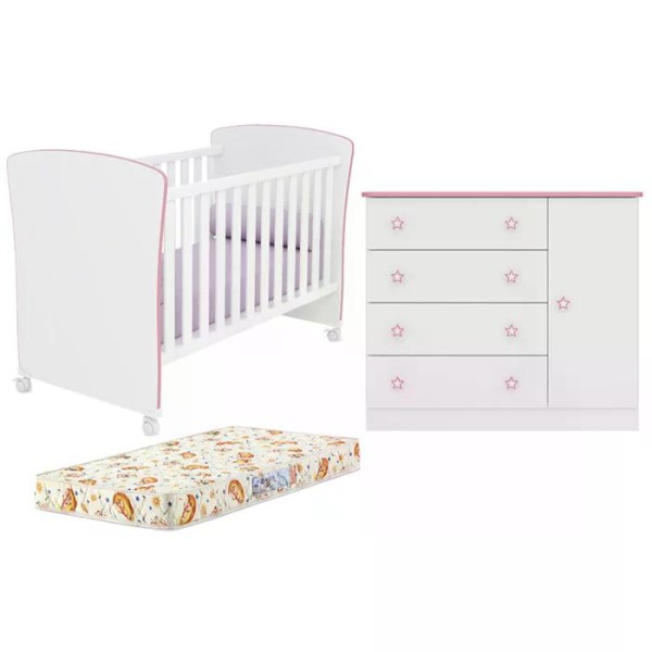 Encontraproduto.com.br - Berço Mini Cama 2484 E Comoda 2561 Doce Sonho Branco Rosa Com Colchao E Rodizios Qmovi
