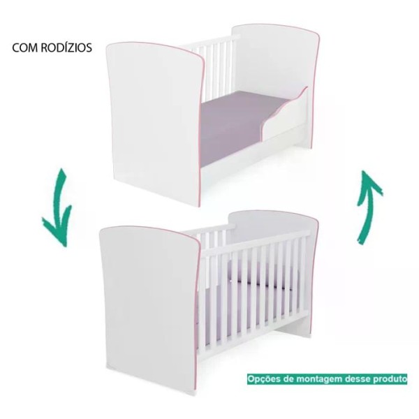 Encontraproduto.com.br - Berço Mini Cama 2484 E Comoda 2561 Doce Sonho Branco Rosa Com Colchao E Rodizios Qmovi