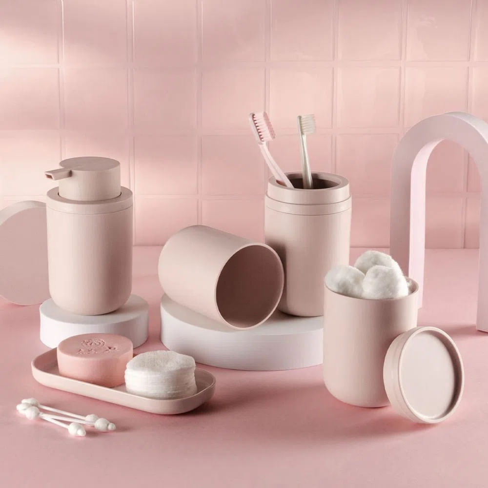 Encontraproduto.com.br - Kit Acessórios Banheiro Lavabo Conjunto Organização 3pcs Plástico Porta Sabonete Escova e Bandeja Ou